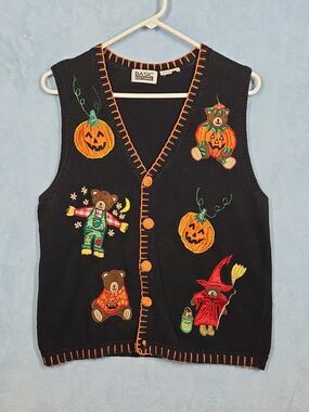 Vintage Basic Editions Womens Halloween Vest LARGE Pumpkin Beaded Witch Novelty